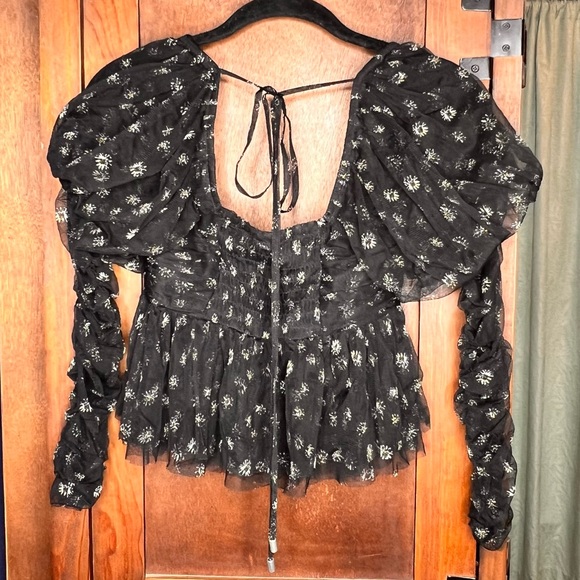 Free People Whimsygoth Sheer Babydoll Top Black Floral Mesh Cropped Y2K Small - Picture 3 of 4